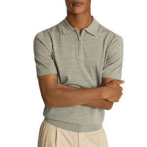 Reiss Maxwell Sage Greenl Zip Up 100% Merino Wool Polo Shirt size medium